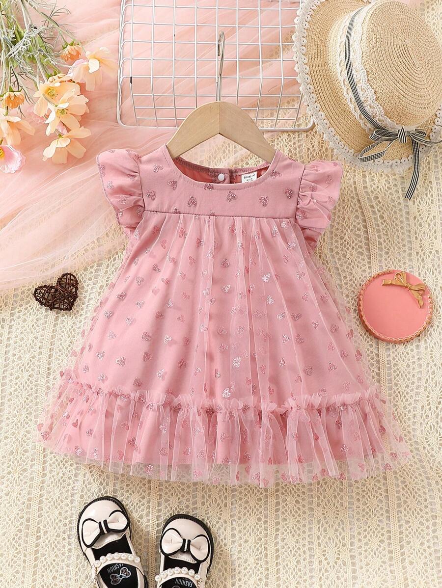 Baby Girl Gorgeous Elegant Lovely Flutter Sleeve Heart Mesh Dress Perfect For Spring, Summer Parties - Multicolor - View 1
