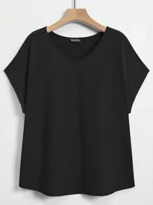 Lacomfia Plus Size Women's Solid Color Batwing Sleeve T-Shirt - Black - View 1