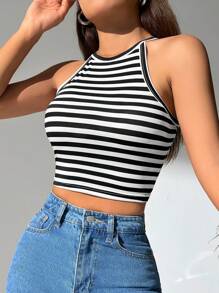 SHEIN PETITE Women's Striped Crop Halter Top - Black and White - View 6