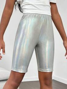 SHEIN Cô gái Tween Mát mẻ Phong cách đường phố Mùa xuân/Mùa hè Dệt kim Độ co giãn Cao Quần short - Bạc - Xem 1