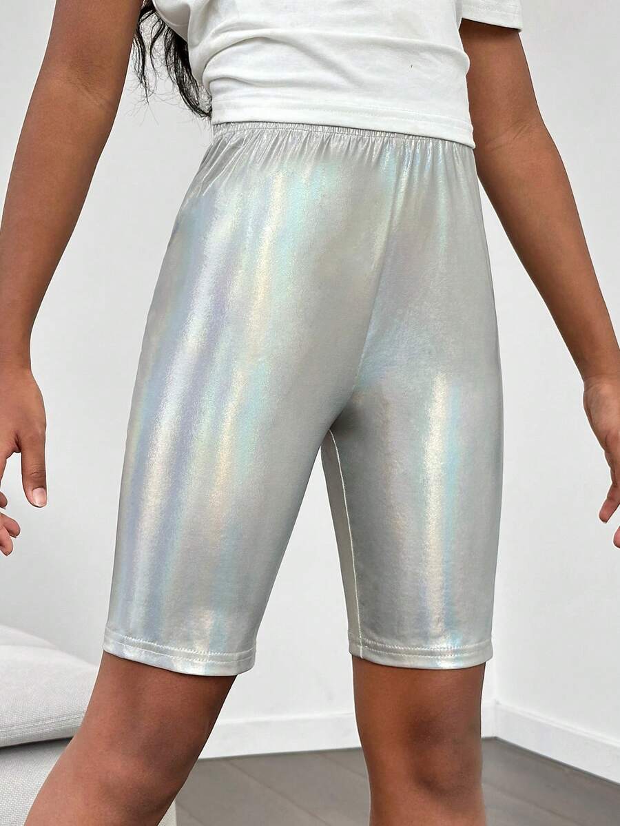 SHEIN Cô gái Tween Mát mẻ Phong cách đường phố Mùa xuân/Mùa hè Dệt kim Độ co giãn Cao Quần short - Bạc - Xem 1