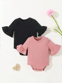 SHEIN Bé gái sơ sinh Dệt kim Mềm mại Ruffle Tay áo dài Áo liền quần chặt Hai chiếc Bộ - Nhiều màu - Xem 1