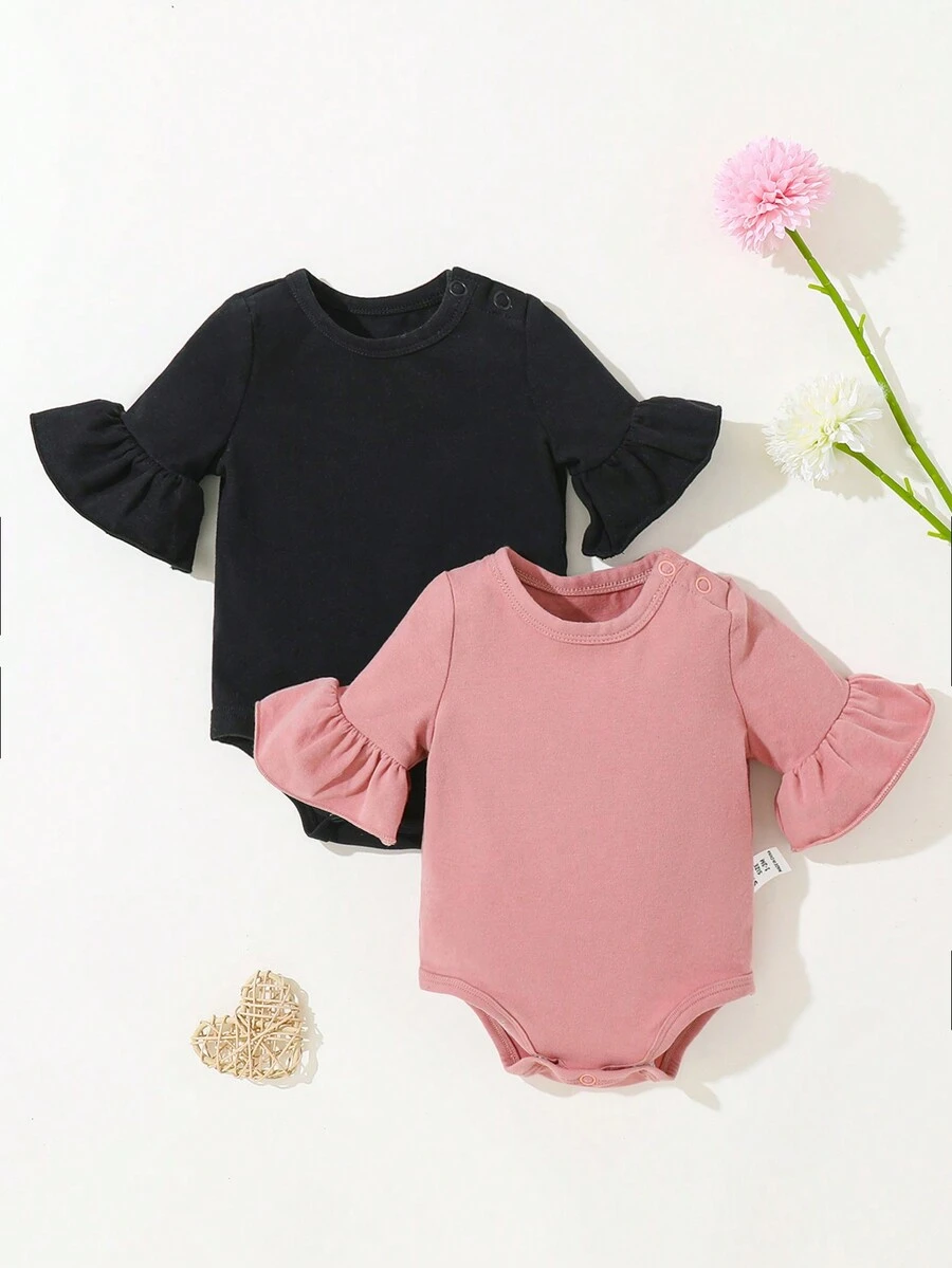 SHEIN Bé gái sơ sinh Dệt kim Mềm mại Ruffle Tay áo dài Áo liền quần chặt Hai chiếc Bộ - Nhiều màu - Xem 1