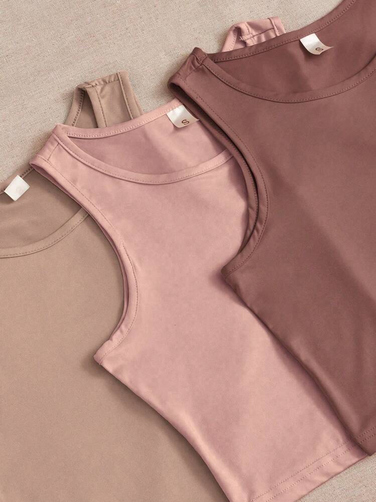 3件套纯色圆领背心和短裤睡衣套装 - 彩色 - 查看 4