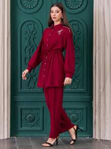EURMUSE Elegant Commuter Rhinestone Bow Decor Drawstring Waist Shirt & Pants Set - Burgundy - View 4