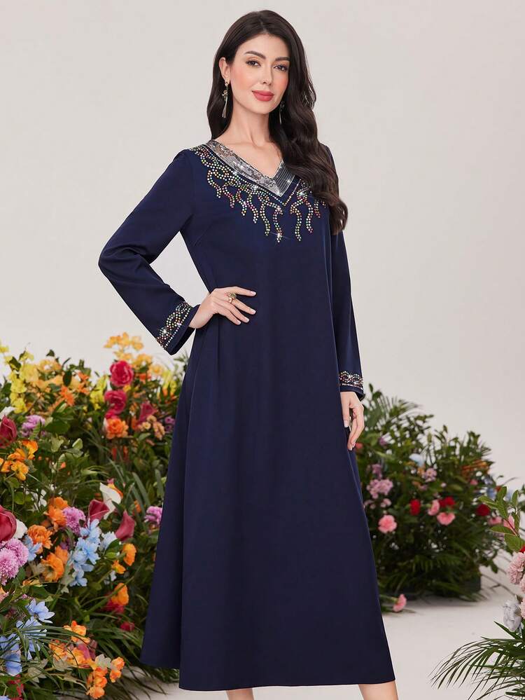 Women's Long Sleeve Jalabiya Dress With Colorful Rhinestone Decoration, Elegant Evening Party Dress Fall Cloth For Women