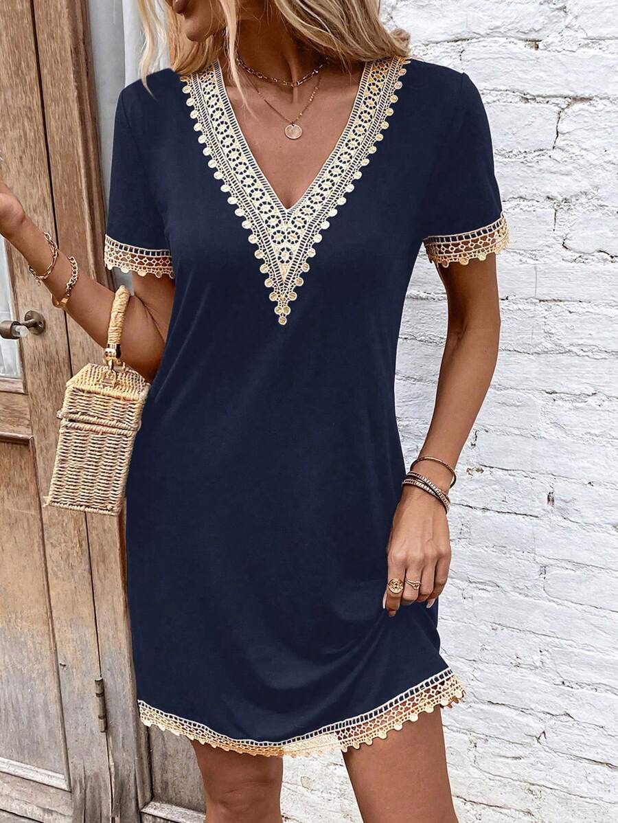 SHEIN LUNE Patchwork Soluble Lace Ribbon V-Neck Dress - Navy Blue - View 1