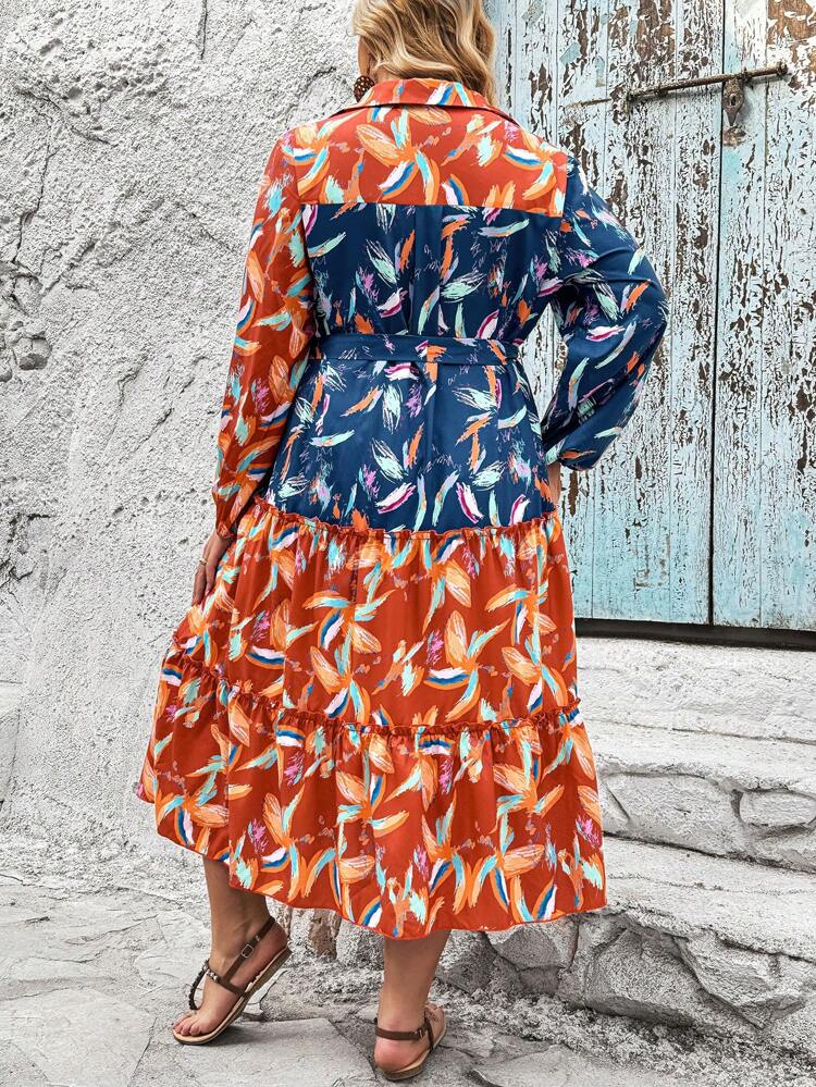 Plus Size Women's Plant Printed Lantern Sleeve Blouse Dress