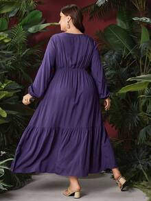 Mulvari Plus Size Women's Floral Embroidery Lantern Sleeve Dress - Purple - View 2