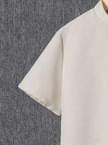 SHEIN Tween Boys' Loose Fit Cute Stand Collar Solid Weave Short Sleeve Shirt - Khaki - View 12