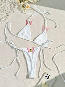 Swim Mod Summer Beach Ladies' Butterfly Applique Halterneck Bikini Set Music Festival