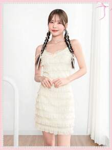 SHEINNeu Summer Dress Balletcore Bow Ruffle Lace Trim Light Yellow Ruffle Cami Dress Birthday Women Outfits - Yellow - View 7