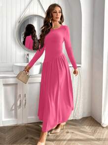 SHEIN Privé Ladies' Solid Color Round Neck Long Sleeve Dress - Hot Pink - View 6