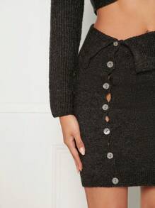 Hauture Women's Knitted Cropped Cardigan And Skirt Set - Black - View 5