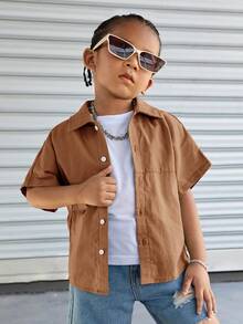 SHEIN 男孩休閒寬鬆編織字母印花短袖t恤 - 棕色 - 查看 2