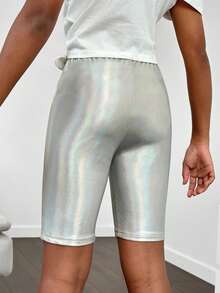 SHEIN Cô gái Tween Mát mẻ Phong cách đường phố Mùa xuân/Mùa hè Dệt kim Độ co giãn Cao Quần short - Bạc - Xem 2