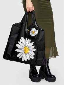 ROMWE Fairycore 2pcs Daisy Cartoon Pattern Large Capacity Storage Bag, Foldable Shopping Tote With Coin Purse - Multicolor - View 6