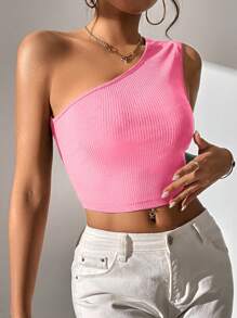 Allurite Women's One Shoulder Hollow Out Back Crop Top - Pink - View 3