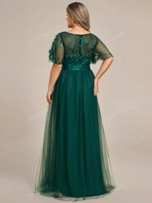 EVERPRETTY Plus Leaf Sequin Bodice Mesh Prom Elegant Bridesmaid Dress