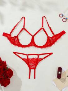 SHEIN Ladies' Sexy Hollow Out Lace Lingerie Set Bridal Lingerie For Going Out, Baddie Look - Red - View 4