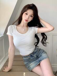 DAZY Vòng cổ Màu thuần Thon gọn Ngắn tay Áo thun - trắng - Xem 1