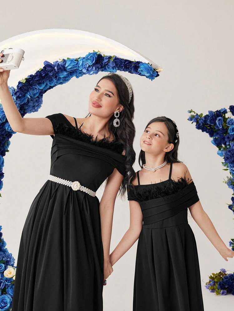 Feather Patchwork Floral Off-Shoulder Neckline Dress Long Evening Dresses