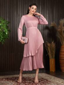 Modelyn Round Neck Long Sleeve Double Layer Pleated Hem Dress Long Evening Dresses - Pink - View 5