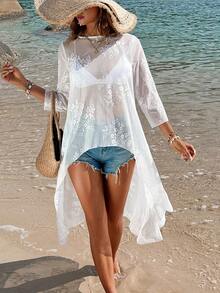 SHEIN VCAY Women's See-Through Shirt With Short Front And Long Back - White - View 3