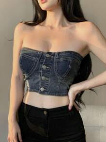 DAZY Women's Denim Tube Top With Front Button Closure Crop Women Tops - Blue - View 1