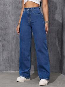 SHEIN ICON Women's Mid-Rise Straight Leg Denim Jeans - Dark Wash - View 4