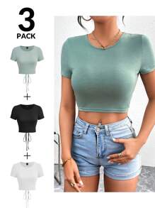 SHEIN Essnce 女士休闲露背打结短袖T恤三件装，夏季款 - 彩色 - 查看 3