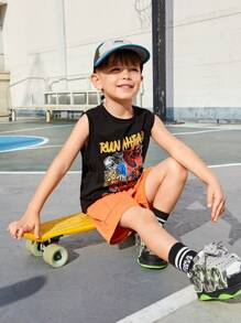 SHEIN Young Boy Leisure Cartoon Animal & Letter Printed Round Neck Tank Top