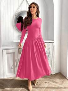 SHEIN Privé Ladies' Solid Color Round Neck Long Sleeve Dress - Hot Pink - View 5