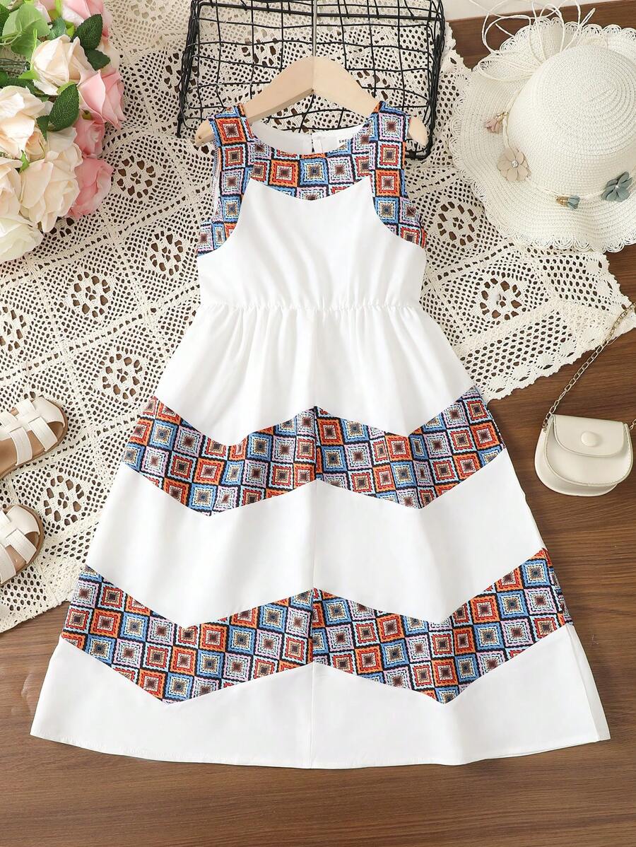 SHEIN Young Girls' Sleeveless Geometric Printed Dress - White - View 1
