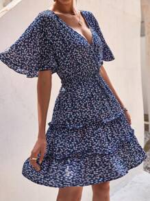 Breezaya Ditsy Floral Print V-Neck Ruffled Hem Dress - Multicolor - View 7