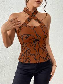 SHEIN Privé Của phụ nữ In Crisscross Áo hai dây - màu nâu - Xem 5