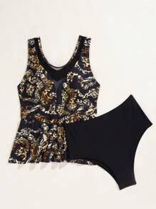 SHEIN Swim Tankini largo estampado al azar con contraste de malla y estampado de tigre para el verano - Multicolor - Ver 6