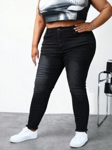 SHEIN CURVE+ Kích thước lớn Của phụ nữ Quần jean ôm Với Frayed Hem - Xám - Xem 3