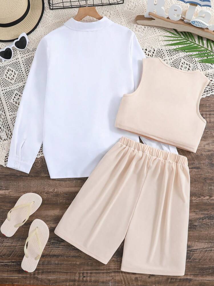 Teen Girl Casual Vacation Spring/Summer Set With Letter Printed Top, Shorts And Shirt