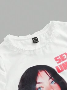 SHEINNeu Kidcore Dopamine  Ladies Casual AI Girls Printed Lace T-Shirt,Baby Tees Woman - White - View 3