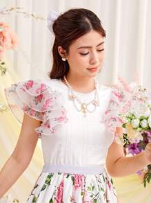 SHEIN Teen Girls' Organza Flower Printed Layered Ruffle Sleeve Textured Knit T-Shirt