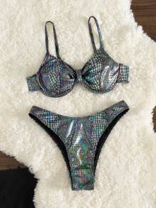 SHEIN Swim 女士鳄鱼纹比基尼套装（带钢圈）夏季海滩 - 灰色 - 查看 4