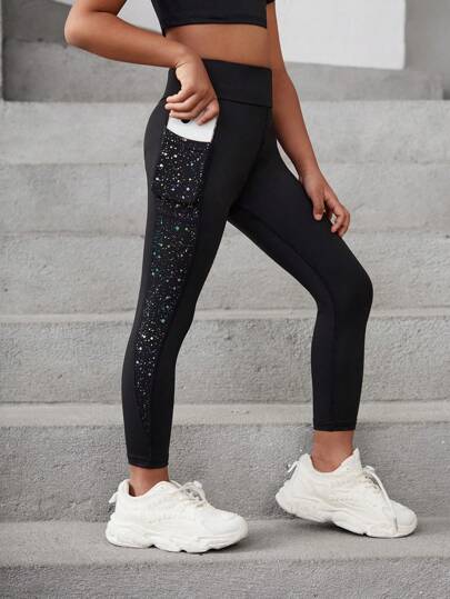 SHEIN Young Girls' Sports And Outdoor Starry Sky Spraying Point Yoga Leggings With Pocket, High Elasticity, Freedomof Stretching, Fashionable And Versatile, Classic For Running, Cycling, Hiking, Indoor Sports And Comprehensive Training