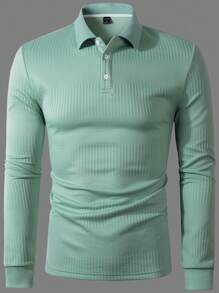 Manfinity Homme Men's Textured Long Sleeve Polo Shirt, Polo Shirts For Men Long Sleeve, Men Green Polo Shirt, Men Knit Shirt - Green - View 6