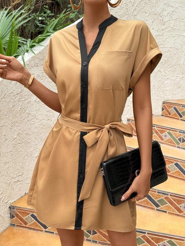 Women's Color-Block Notched Batwing Sleeve Dress