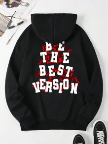 Sudadera Con Capucha Para Hombre Con Diseño De Impresión De Eslogan Y Cordón - Negro - Ver 1