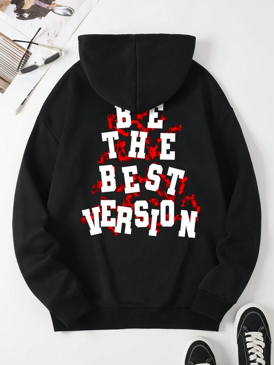 Sudadera Con Capucha Para Hombre Con Diseño De Impresión De Eslogan Y Cordón - Negro - Ver 1