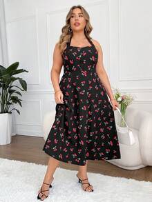 SHEIN Qutie Kích thước lớn Retro In Anh đào Không tay Halterneck Đầm - Màu be - Xem 7