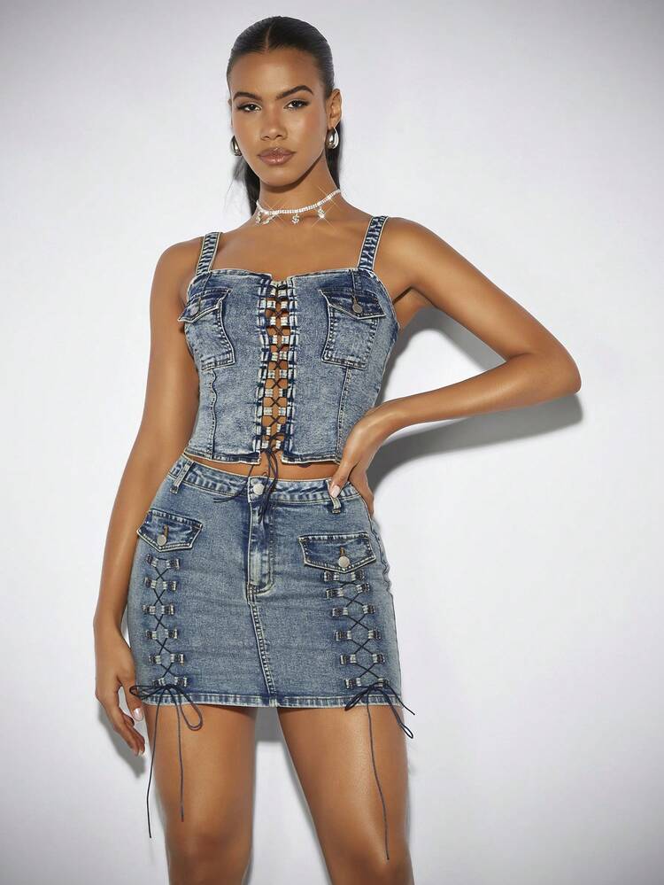 Square Neck Tie Detail Washed Blue Denim Bustier&Denim Corset&Summer Tank Tops