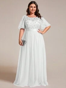 EVERPRETTY Plus Flutter Sleeve Sequin Mesh Wedding Dress - White - View 4
